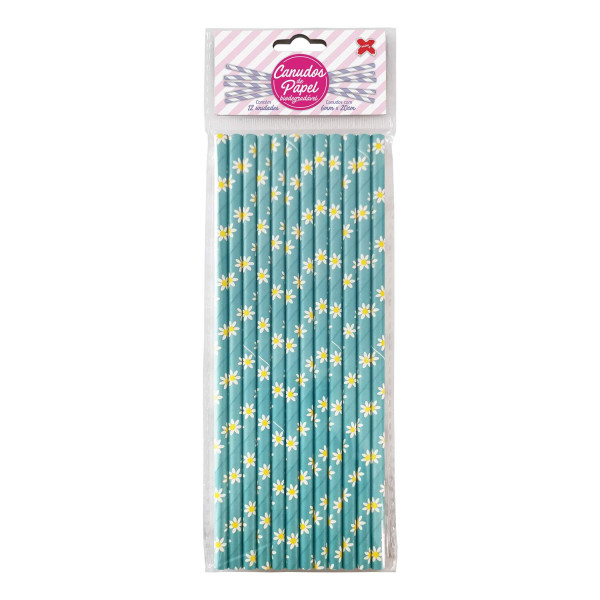 Canudo de Papel Azul com Florzinhas com 12 unidades