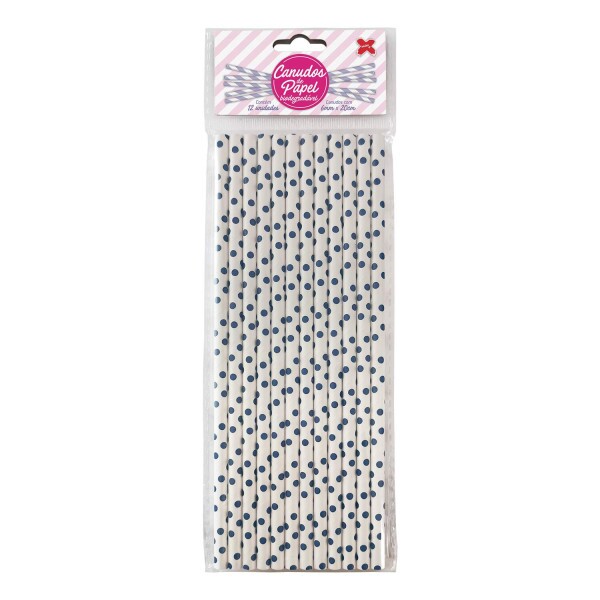 Canudo de Papel Bolinha Po� Branco e Azul com 12 unidades