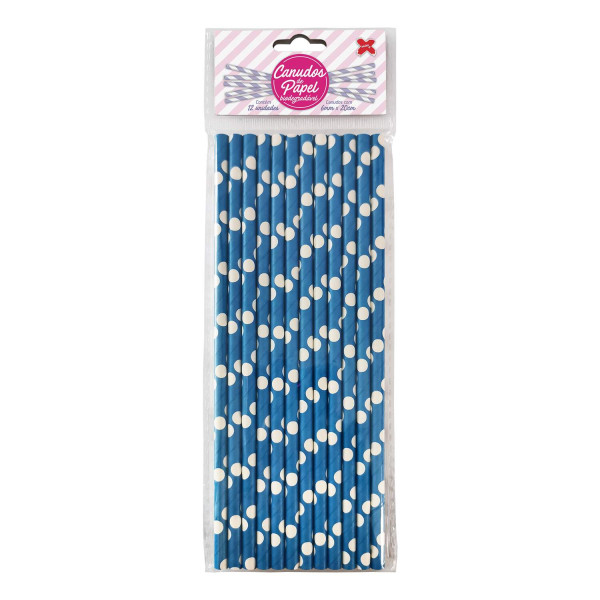 Canudo de Papel Bolinha Azul e Branco com 12 unidades