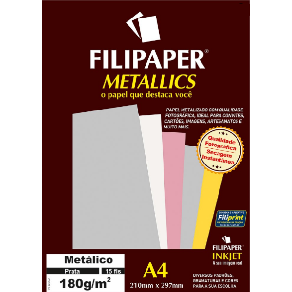 Filipaper Metallics 180gr A4 - 15 folhas - Prata