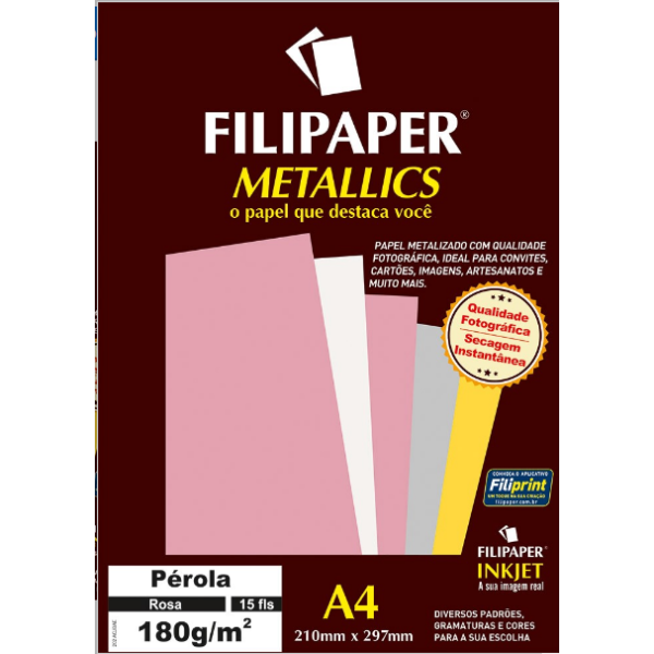 Filipaper Metallics 180gr A4 - 15 folhas - Rosa