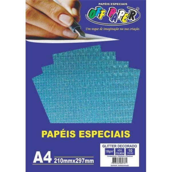 Papel Glitter Decorado Azul - Colmeia A4 150g 10 Folhas - Off Paper