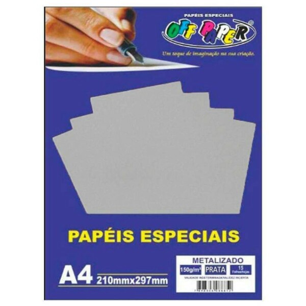 Papel Metalizado Prata - A4 150g 15 Folhas - Off Paper