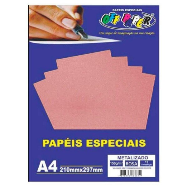 Papel Metalizado Rosa - A4 150g 15 Folhas - Off Paper