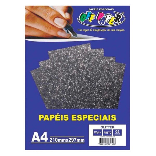 Papel Glitter Preto A4 180G 5 Fls - Off Paper
