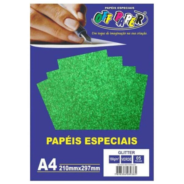 Papel Glitter Verde A4 180G 5 Fls - Off Paper