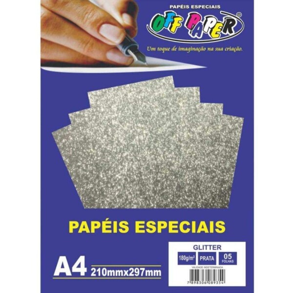 Papel Glitter Prata A4 180G 5 Fls - Off Paper