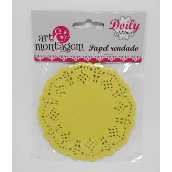 Doilies Art & Montagem - Papel Rendado Doilies Redondo Amarelo - 10cm com 32 unidades