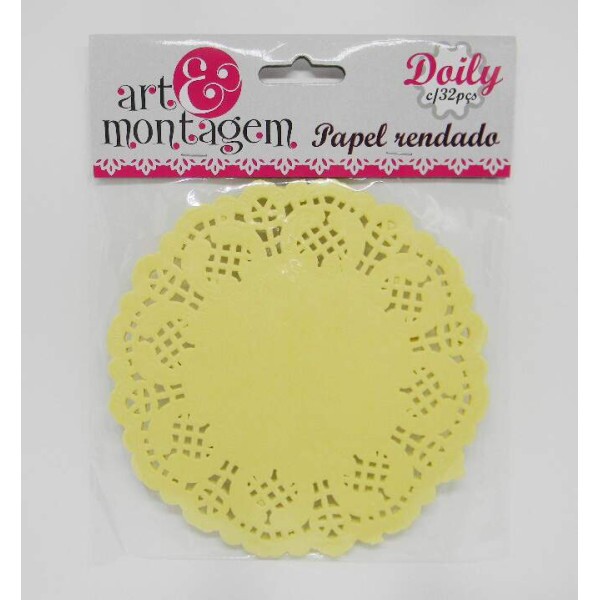 Doilies Art & Montagem - Papel Rendado Doilies Redondo Amarelo - 14cm com 32 unidades