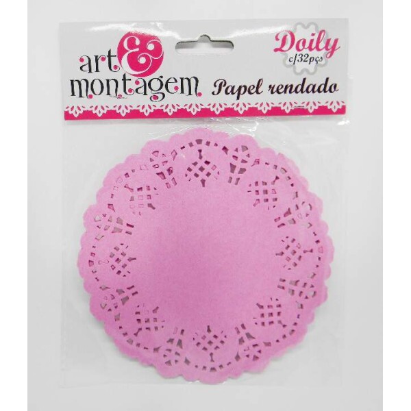 Doilies Art & Montagem - Papel Rendado Doilies Redondo Rosa - 14cm com 32 unidades