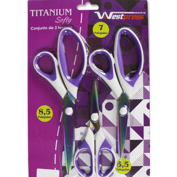 Conjunto de Tesouras Titanium Softy 3 Pe�as Branco - Westpress