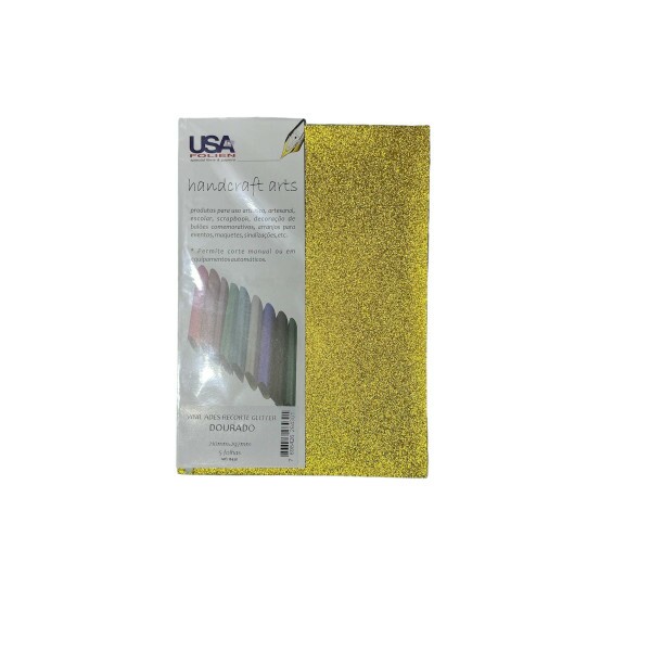 Vinil Adesivo Glitter p/ Recorte A4 com 5 Folhas - Dourado