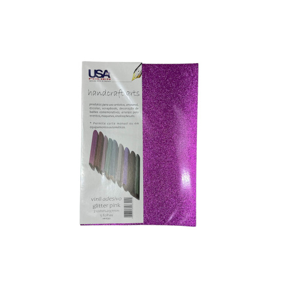 Vinil Adesivo Glitter p/ Recorte A4 com 5 Folhas - Pink