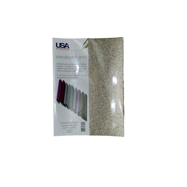 Vinil Adesivo Glitter p/ Recorte A4 com 5 Folhas - Champanhe Gold