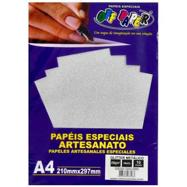 Papel Glitter Met�lico Prata 250g A4 10 Folhas - Off Paper