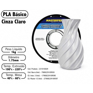 Filamento de Impress�o 3d PLA 1,75mm 1kg Masterprint CINZA CLARO