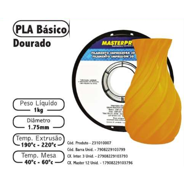 Filamento de Impress�o 3d PLA 1,75mm 1kg Masterprint DOURADO