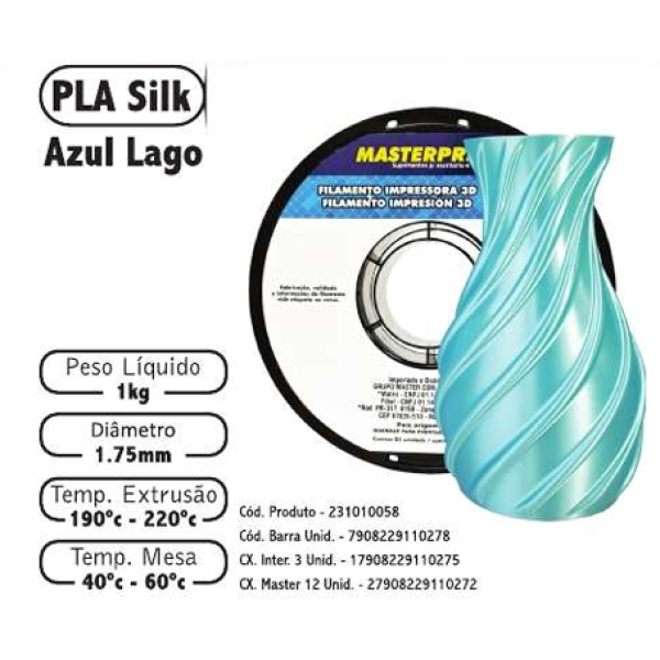 Filamento de Impress�o 3d PLA 1,75mm 1kg Masterprint SILK AZUL LAGO