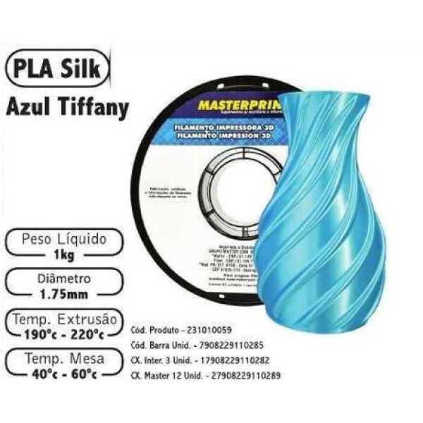 Filamento de Impress�o 3d PLA 1,75mm 1kg Masterprint SILK AZUL TIFFANY