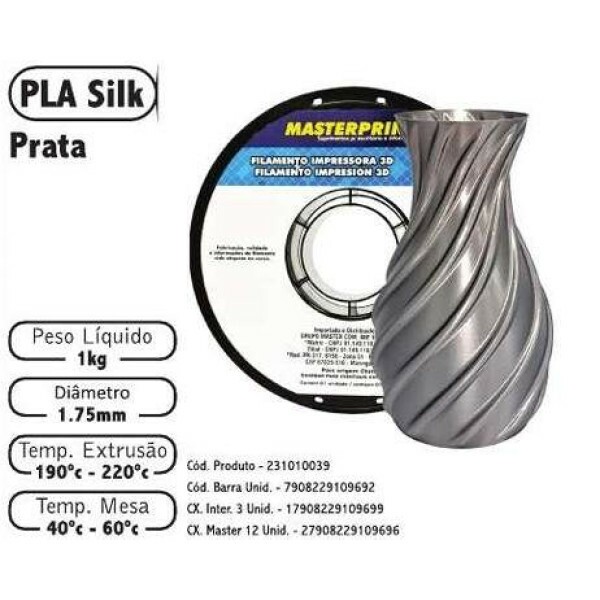 Filamento de Impress�o 3d PLA 1,75mm 1kg Masterprint SILK PRATA