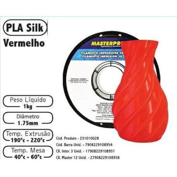 Filamento de Impress�o 3d PLA 1,75mm 1kg Masterprint SILK VERMELHO