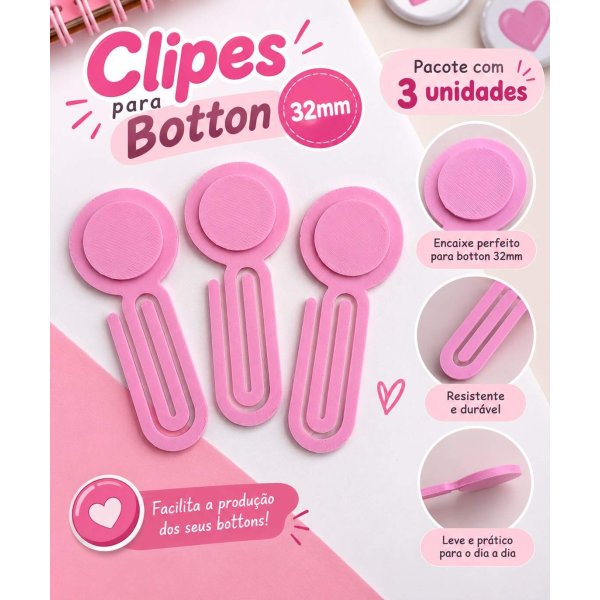 Clipes para Botton 32mm c/ 3 unidades Rosa beb�