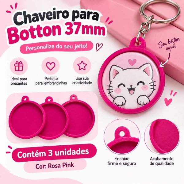 Chaveiro para Botton Redondo 37mm c/ 3 unidades Rosa Pink