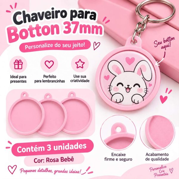 Chaveiro para Botton Redondo 37mm c/ 3 unidades Rosa Beb�