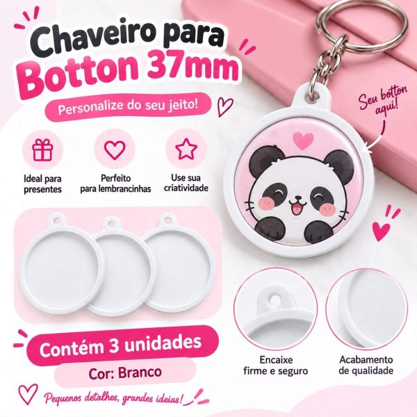 Chaveiro para Botton Redondo 37mm c/ 3 unidades Branco
