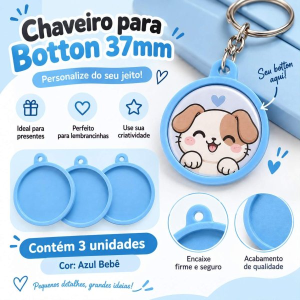 Chaveiro para Botton Redondo 37mm c/ 3 unidades Azul Beb�