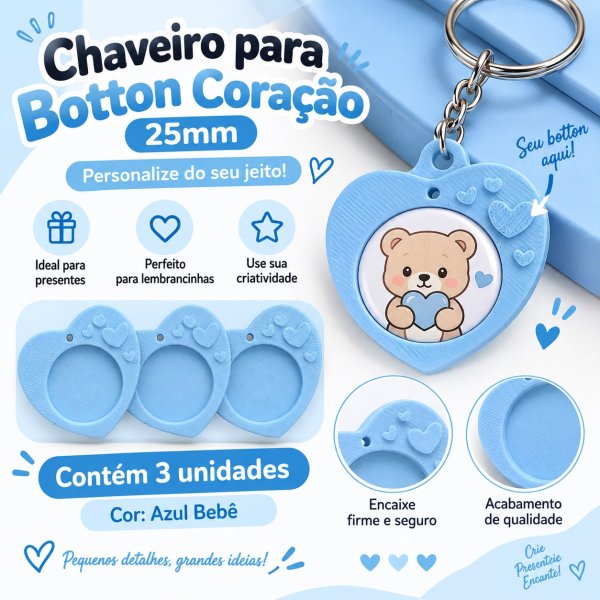 Chaveiro para Botton Cora��o 25mm c/ 3 unidades Azul Beb�