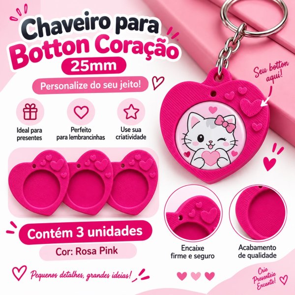 Chaveiro para Botton Cora��o 25mm c/ 3 unidades Rosa Pink