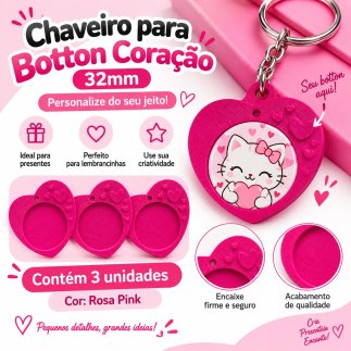 Chaveiro para Botton Cora��o 32mm c/ 3 unidades Rosa Pink