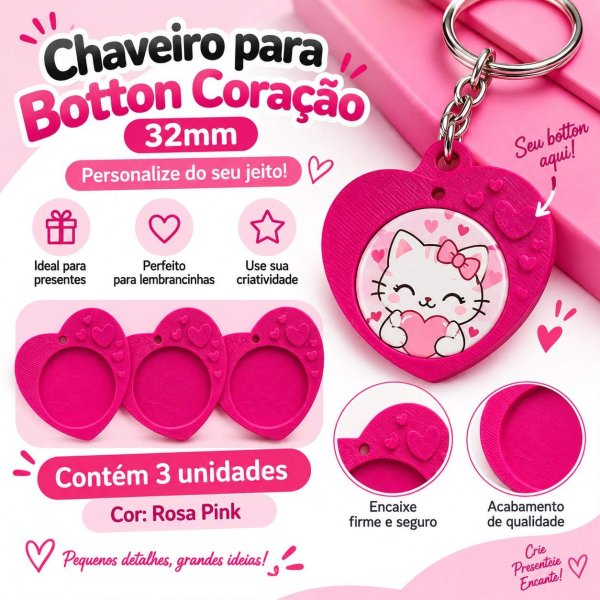 Chaveiro para Botton Cora��o 32mm c/ 3 unidades Rosa Pink