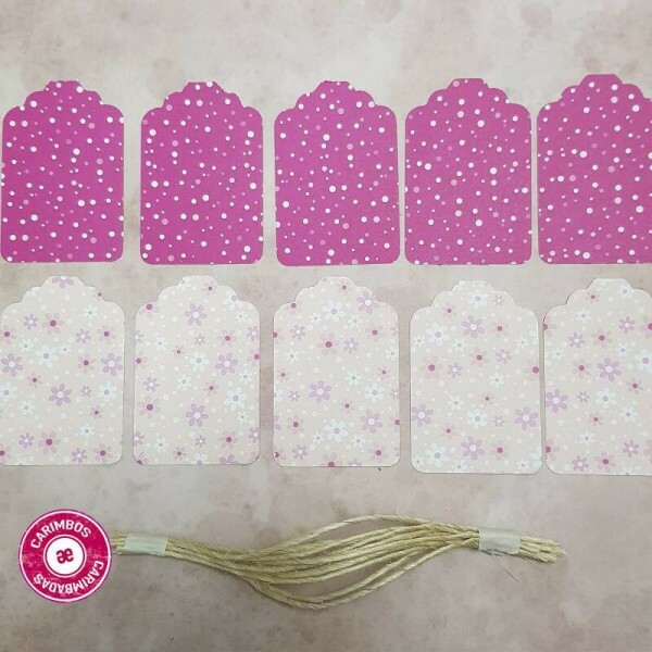 Tag de Papel cor Rosa com Flores - M�dio