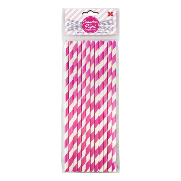 Canudo de Papel Listrado Rosa Pink com 12 unidades