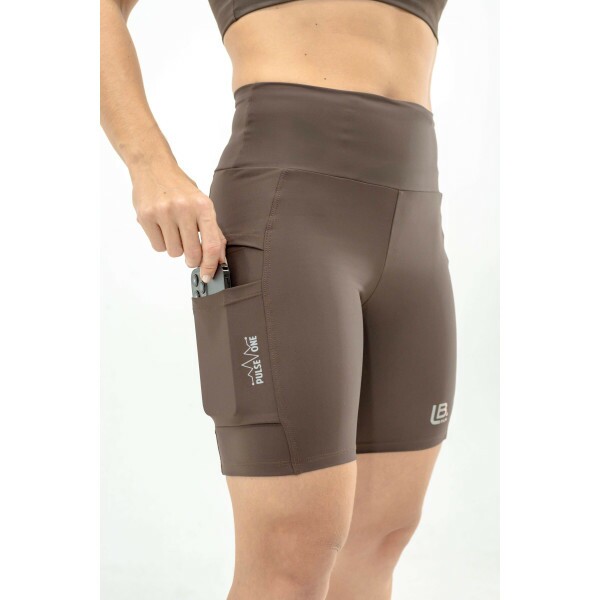 BERMUDA DE CORRIDA FEMININA PULSE ONE MARROM-5 BOLSOS- BRINDE FAIXA DE CABE�A MARROM