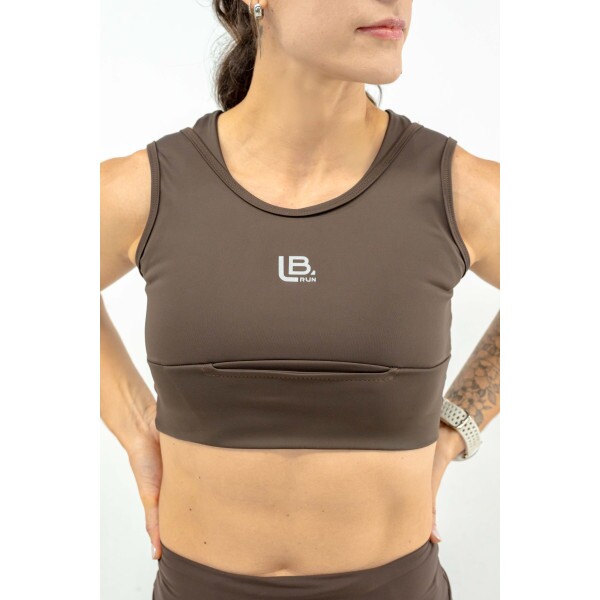 TOP DE CORRIDA PULSE ONE MARROM -1 BOLSO- BRINDE FAIXA DE CABE�A MARROM