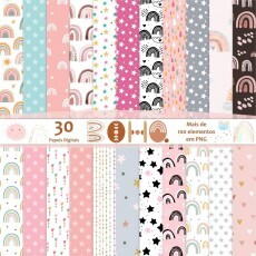 Kit 30 Pap�is Digitais Arco_ �ris Boho - N�rdico + 100 Png