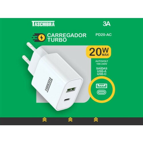 CARREGADOR TURBO 20W USB-A + USB-C TASCHIBRA