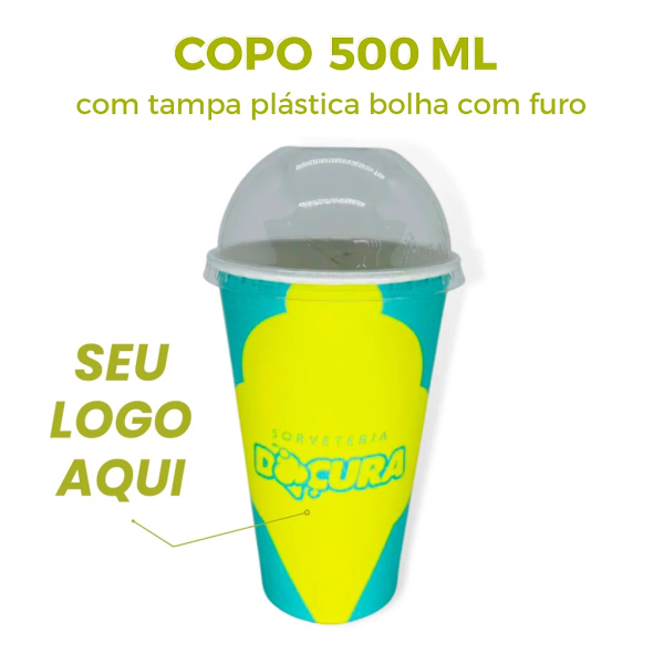 Copo Personalizado com Tampa Pl�stica Bolha Com Furo 500 ml