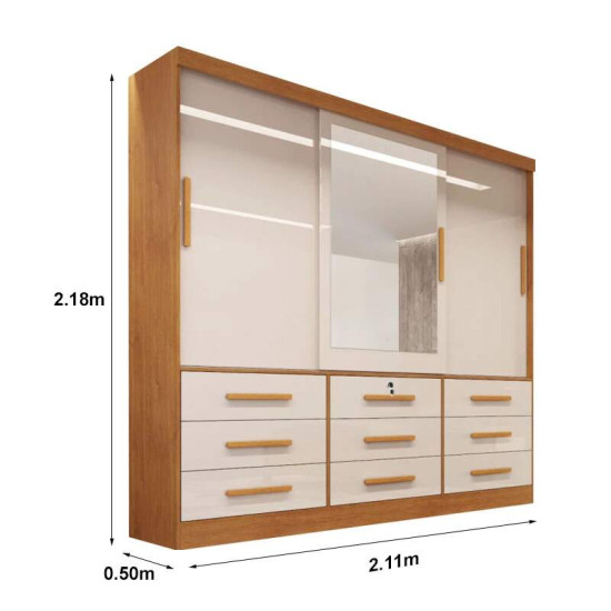 Guarda-roupa Casal Turim Nature/Off 3 Portas 9 Gavetas C/ 1 Espelho 100% MDF Larg. 2.11 - Bianchi