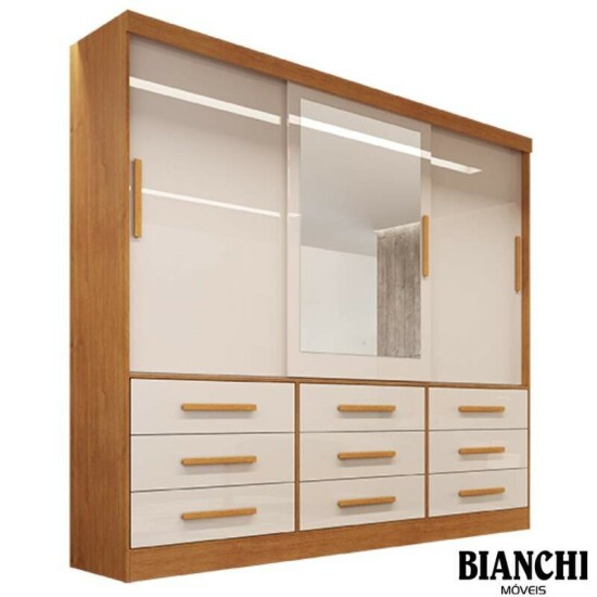 Guarda-roupa Casal Turim Nature/Off 3 Portas 9 Gavetas C/ 1 Espelho 100% MDF Larg. 2.11 - Bianchi