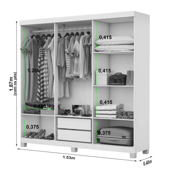Roupeiro Solteiro Recife Branco 6 Portas 2 Gavetas C/P�s Larg. 1.53m - Carioca