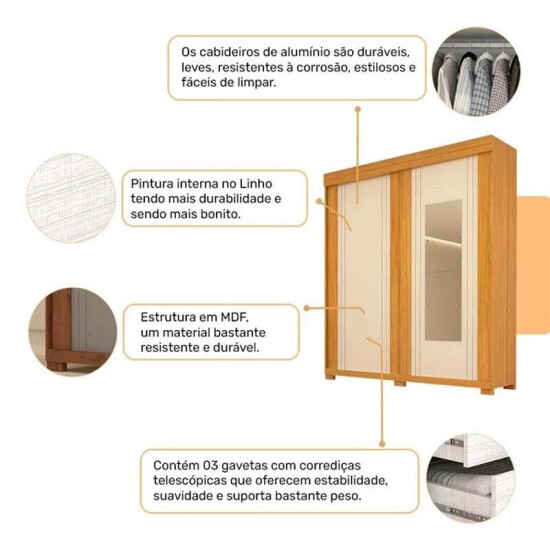 Guarda-roupa Heloisa Nature/Off 2 Portas C/ 1 Espelho e Ps 100% MDF Larg. 1.80m - ACP