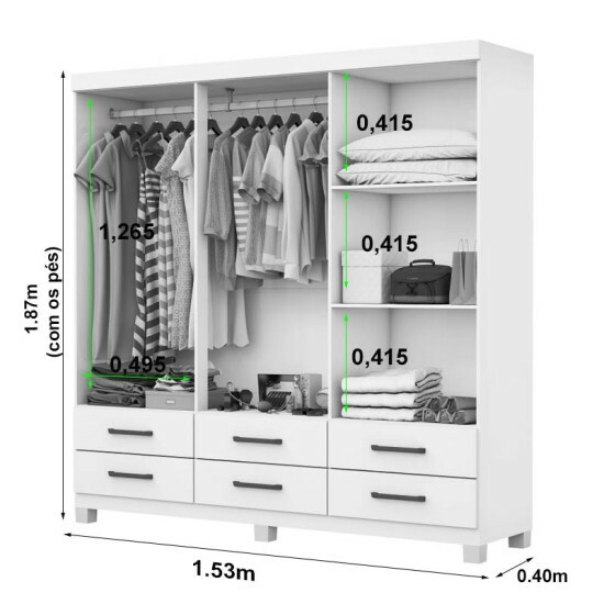 Guarda-Roupa Solteiro Dallas Larg. 1.53m 6 Portas 6 Gavetas Freij�/Branco Com P�s Carioca