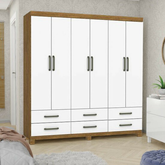 Guarda-Roupa Solteiro Dallas Larg. 1.53m 6 Portas 6 Gavetas Freij�/Branco Com P�s Carioca