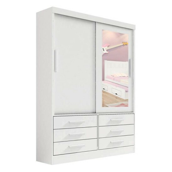 Roupeiro Solteiro Merdian Branco 2 portas c/ 1 Espelho 6 Gavetas Larg. 1.35m - D Doro