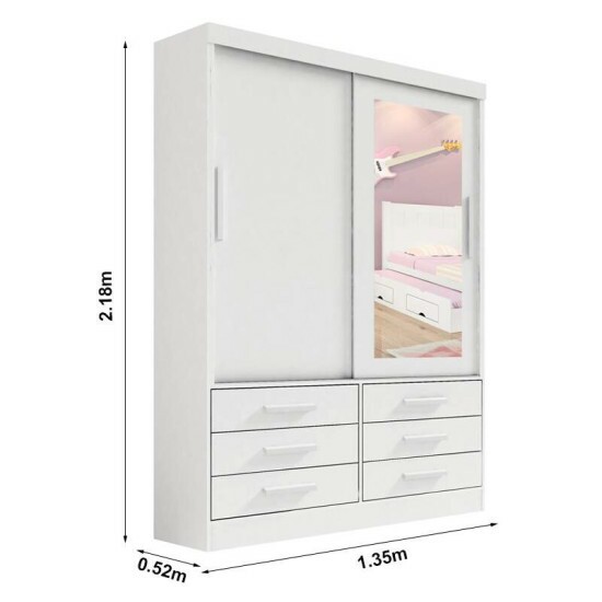Roupeiro Solteiro Merdian Branco 2 portas c/ 1 Espelho 6 Gavetas Larg. 1.35m - D Doro