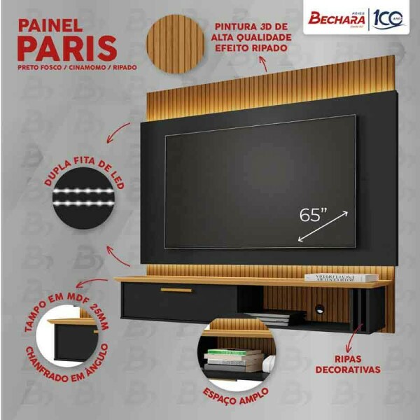 Painel Paris Preto/Cinamomo 3D C/ Led TV at 65 Polegadas Larg. 1.60m - Bechara